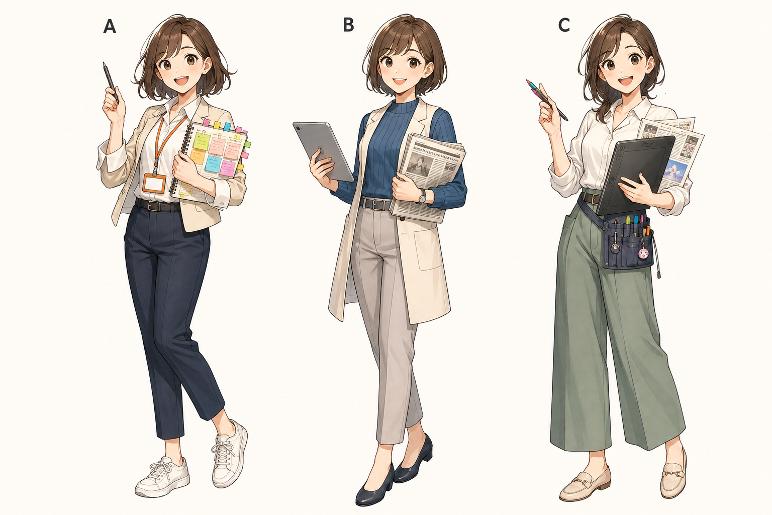 佐倉ひなの初期デザイン3案。企画担当、ニュース編集者、クリエイターという異なる方向性を比較している