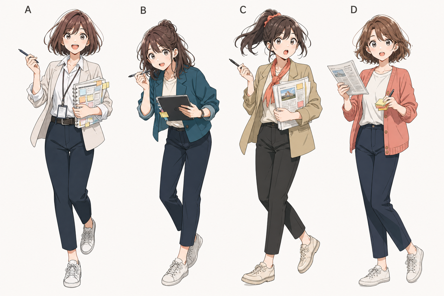 佐倉ひなのビジュアル比較4案。髪型、服装、姿勢、仕事道具の違いを検討している