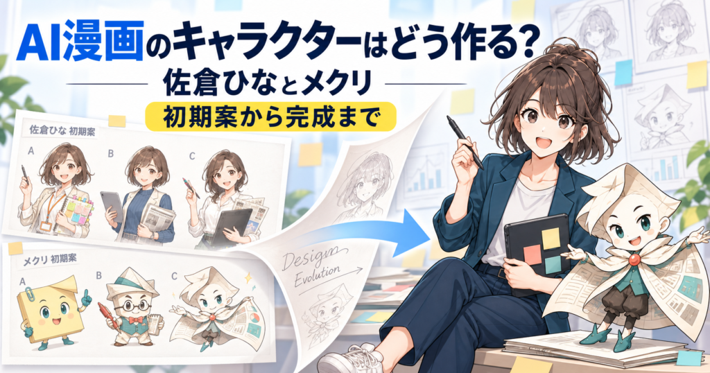 佐倉ひなとメクリの初期デザイン案から確定版までの変化を示したAI漫画キャラクター制作工程
