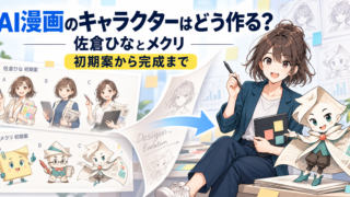 佐倉ひなとメクリの初期デザイン案から確定版までの変化を示したAI漫画キャラクター制作工程