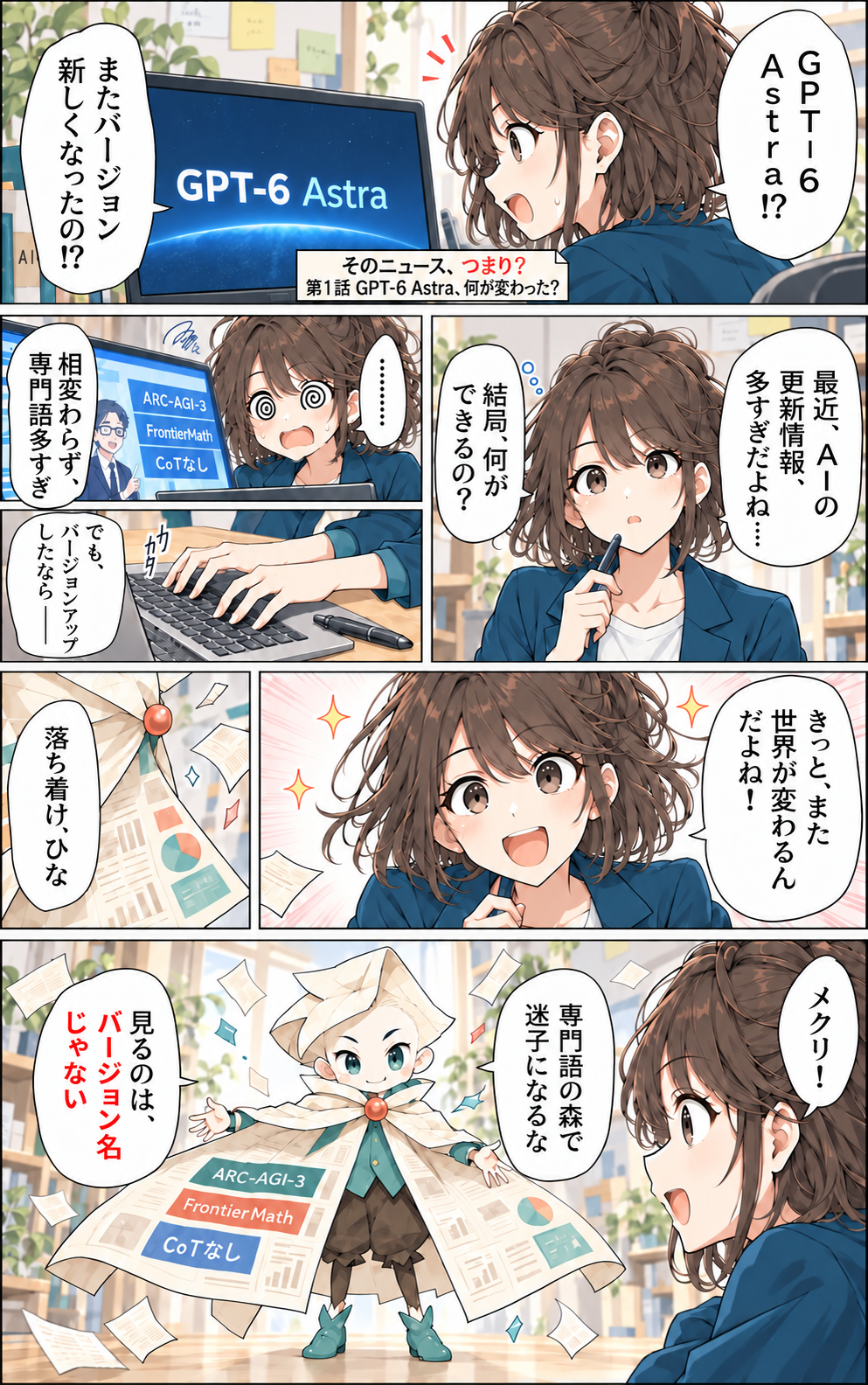 『そのニュース、つまり?』第1話1ページ目。佐倉ひながGPT-6 Astraのニュースを見つけ、メクリが登場する