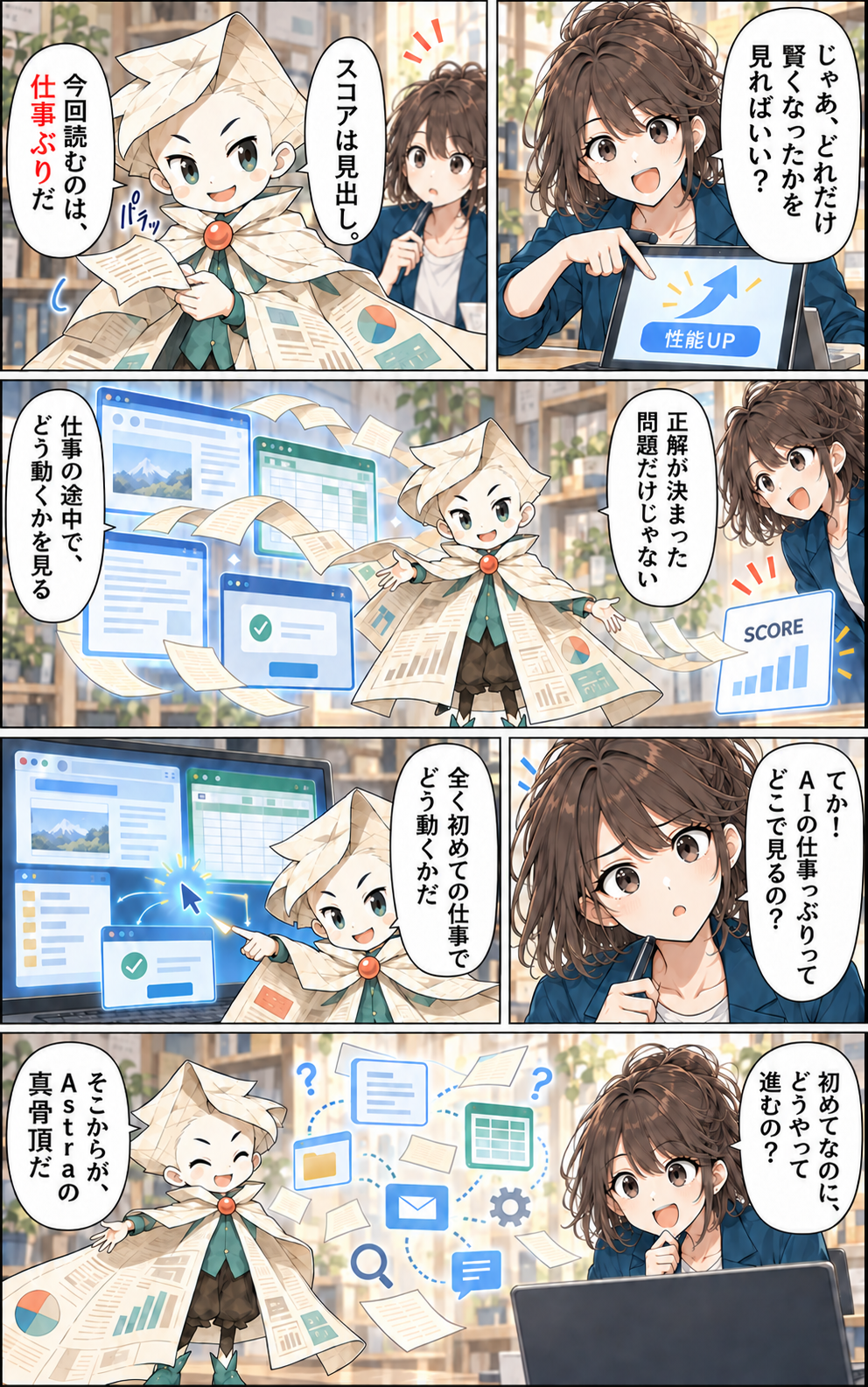 第1話2ページ目。GPT-6 Astraのスコアではなく、初めての仕事での動き方に注目する二人