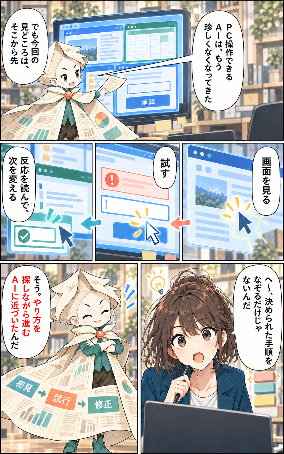第1話3ページ目。AIが画面を見て試し、反応から次の行動を変える流れを説明する