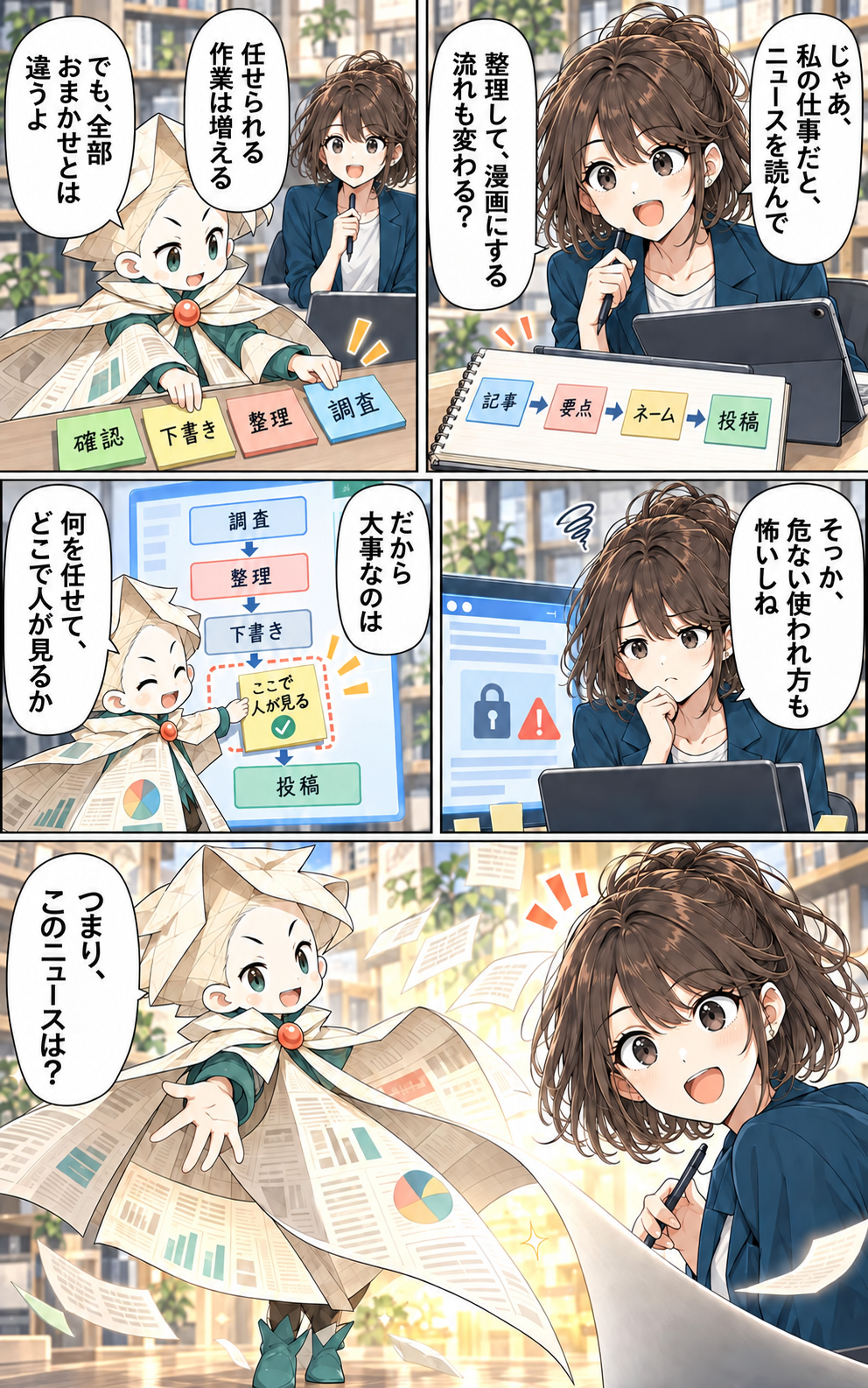 第1話4ページ目。AIに何を任せ、どこで人が確認するかを佐倉ひなとメクリが考える