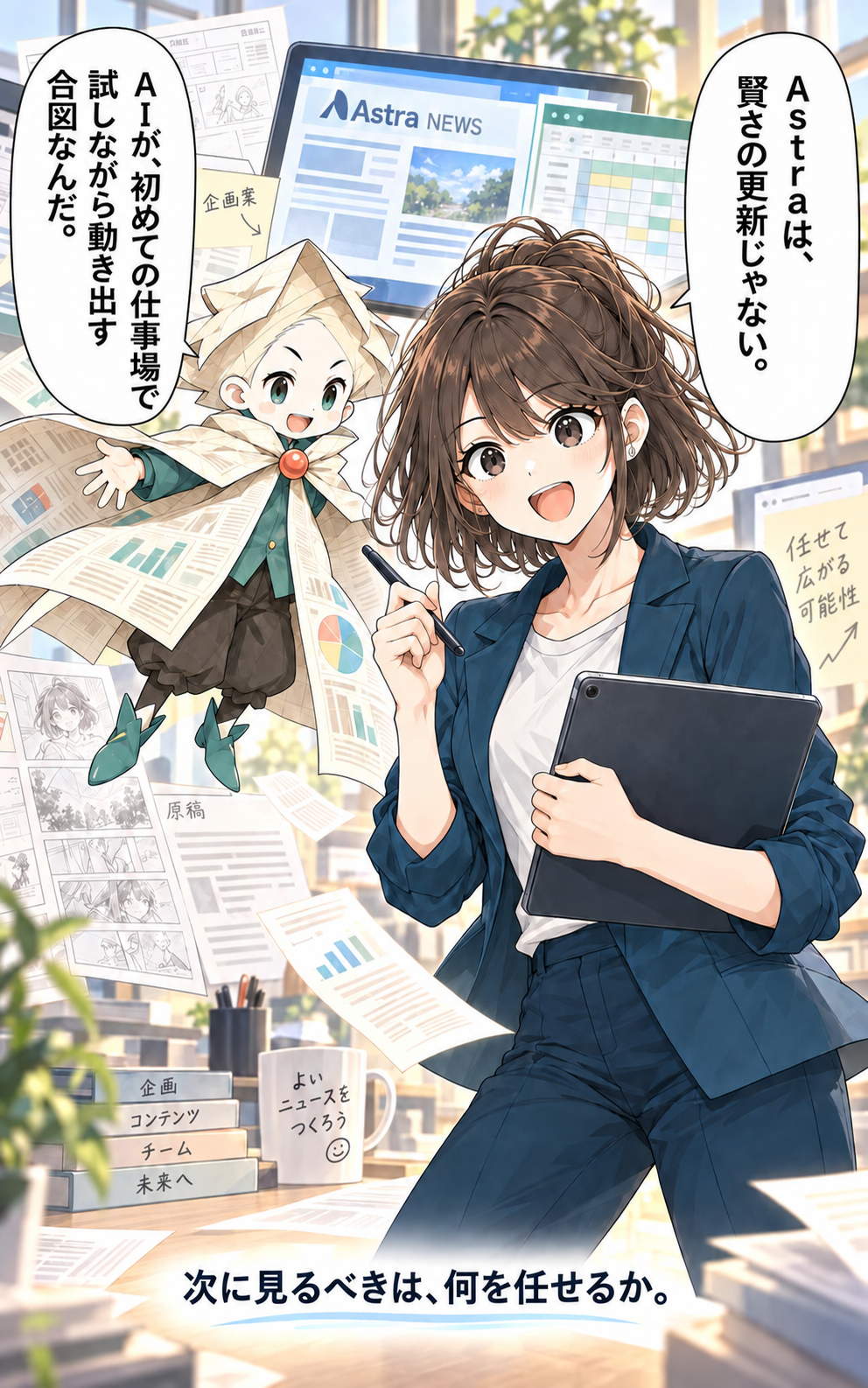 第1話5ページ目。GPT-6 AstraはAIが初めての仕事場で試しながら動き出す合図だとまとめる