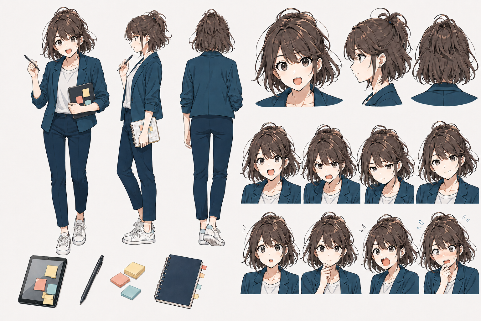 佐倉ひなの確定キャラクターシート。三面図、表情、小道具がまとめられている